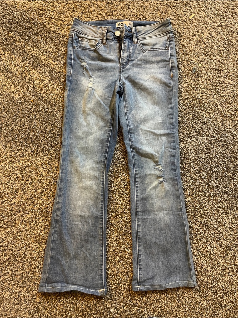 SO Women's Low Rise Light Blue Distressed Boot Cut Jeans